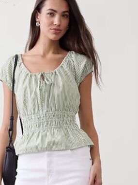 Banana Republic Green Striped Smocked Peplum Top Size L EUC